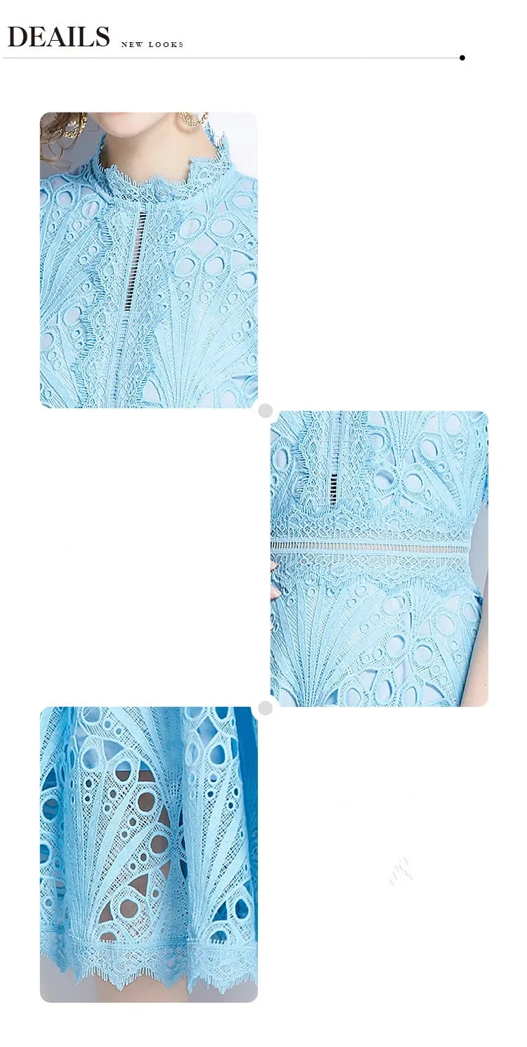 SMTHMA Vintage High-End O-Neck Short Sleeve Lace Hollow Out Dress For Women's Summer Slim Elegant Long Dress Female Clothing