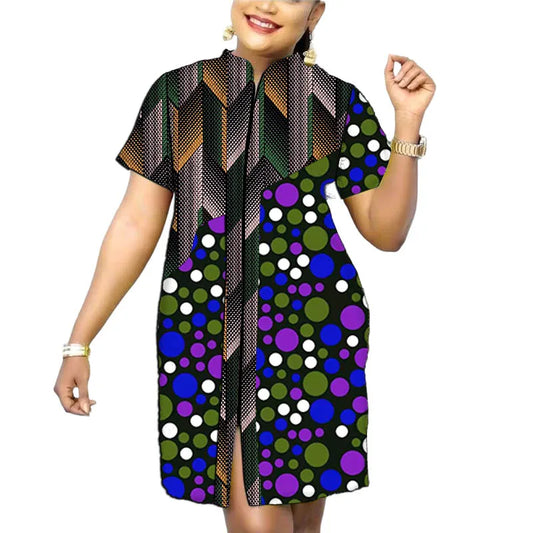 Original Design African Print Women’s Dress Stand Collar Frock Tailored Traditional Party Wear Retro Patchwork Designs