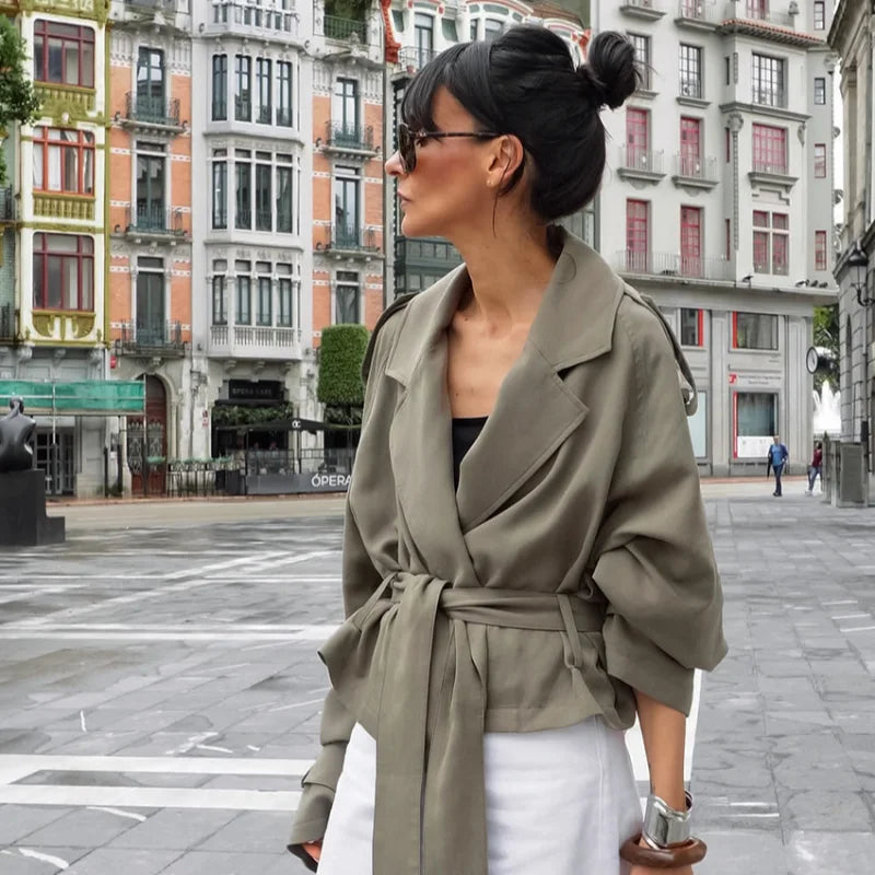 Lace Up Jacket For Women Casual Long Sleeve Turn Down Collar Autumn Outerwear