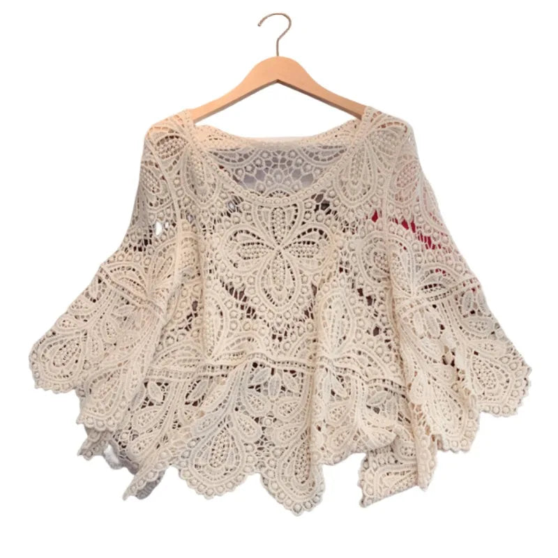 2024 Summr New Versatile Retro Sweet Lace Cut-out Crochet Shawl Cropped Top Summer Three Quarter-sleeve Hollow Out Top