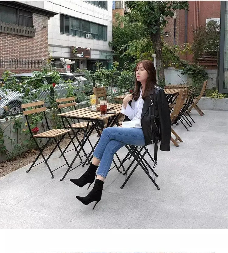 Comemore 2021 Autumn Winter High Heel Women's Shoes Pointed Toe Stiletto Ankle Boots Stockings Black Girls' Socks Boots Dress 34