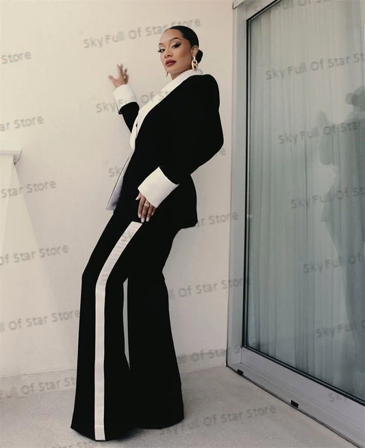 Elegant Black Women Suit Set 2 Pcs Blazer+Pants Trousers White Stripe Formal Office Lady Jacket Wedding Prom Coat Customized