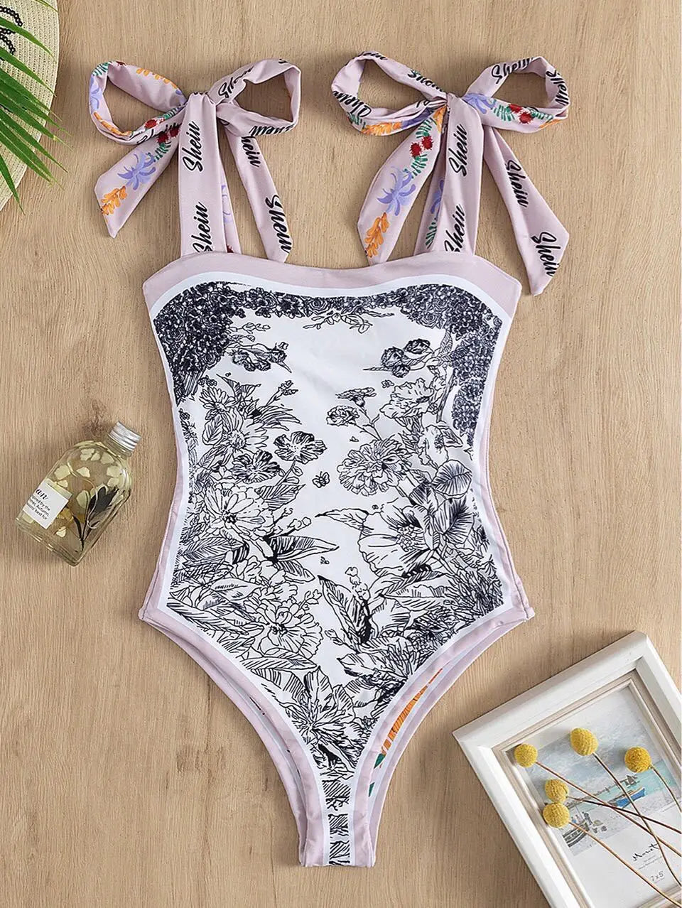 Y2K Floral One Piece Swimsuit Reversible Tie Shoulder Monokini Tummy Control