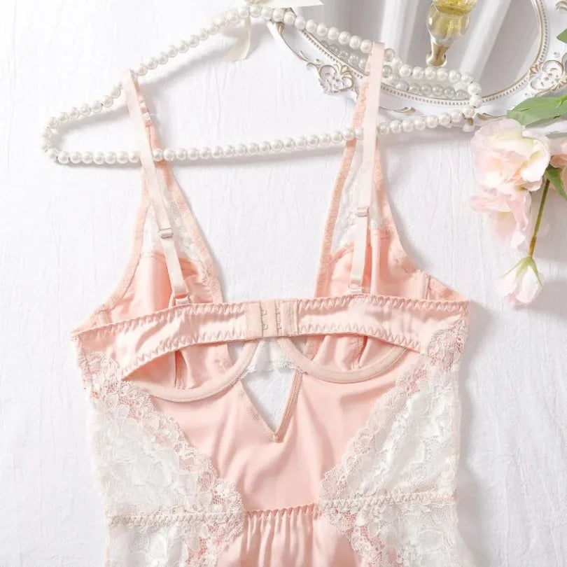 Sexy Deep V Neck Satin Dress Women Sexy Lingerie Lace Patchwork Split Sissy Night Dress Slip Dress Silk Nightwear Платье Женское