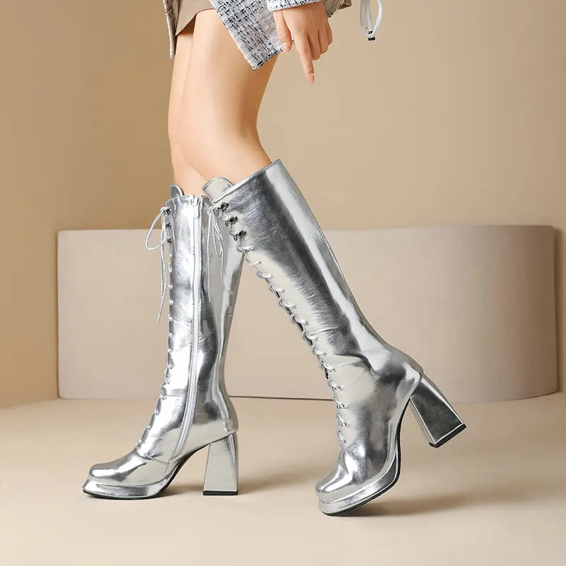 Big Size 45 46 Women Shoes Winter Fall Warm Lace-up Chunky High Heels Metallic Gold Silver Knee-high Riding Platform Goth Boots