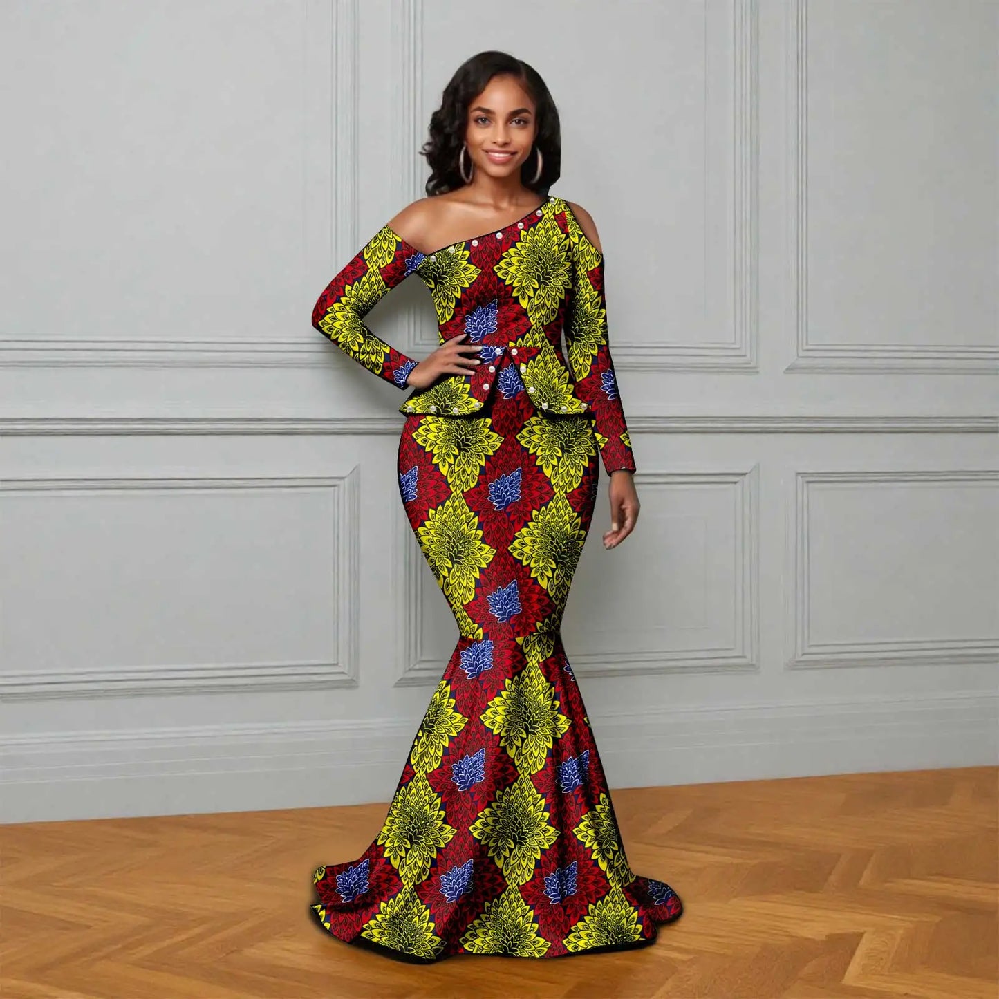 African Ankara Printed Fabric Women's Dress Skew Collar Long Sleeve Floor-Length Dress Elegant fashion 2625007
