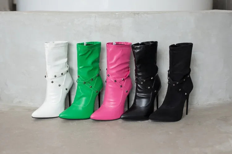 Autumn winter British style fashion high-heeled women's boots pointed toe Rivets party women's shoes high 12cm plus size 34-48