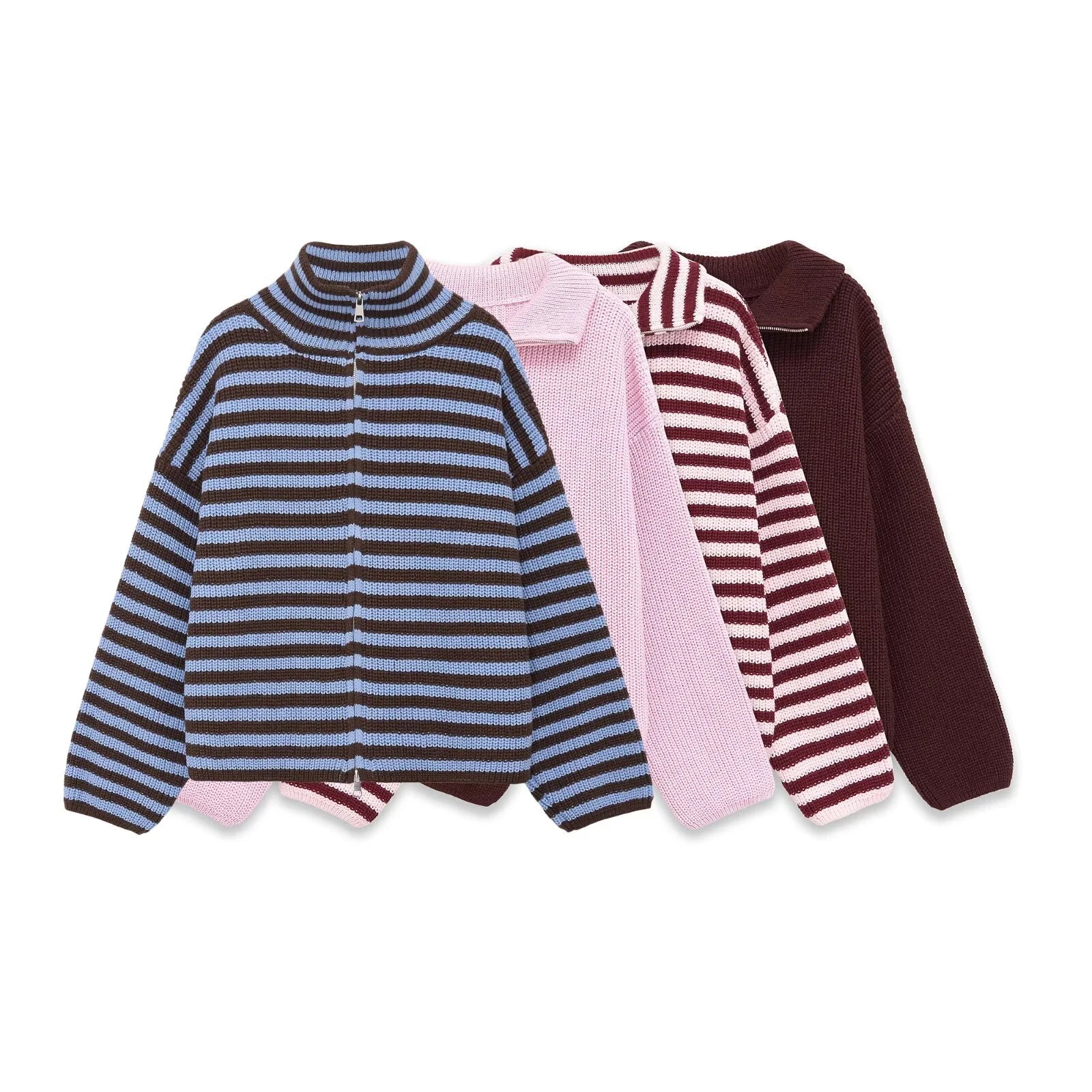 Spring New Arrivals Women's Loose and Lazy Style Sweater Cardigan Flared Lapel Long Sleeve Double Chain Stripe Knit Coat BAZAARHUBO