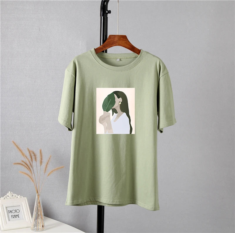 Hirsionsan Harajuku Printed T Shirt Women 2023 Summer Chic Tees 100% Cotton Elegant Graphic Clothes Loose Casual Pullover Tops