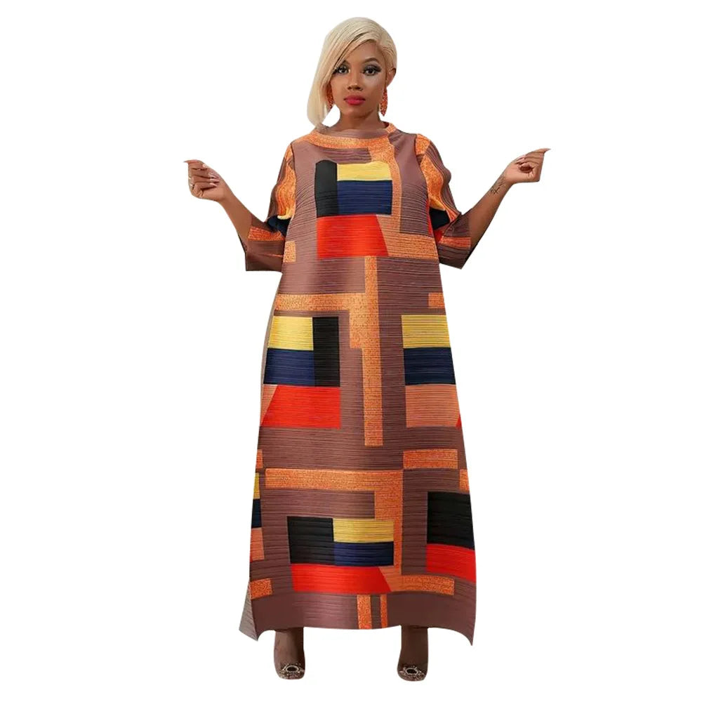 African Dresses for Women Summer Fashion Style African 3/4 Sleeve Polyester O-neck Pleated Dress Dashiki African Clothes Women