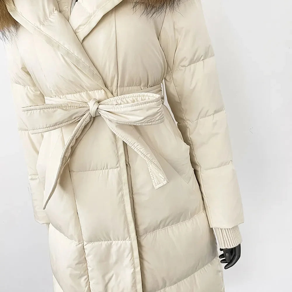 Down Jacket Women Winter Real Natural Fox Fur Hooded Detachable Collar Belt White Goose Down Coat Long Casual Elegant Overwears