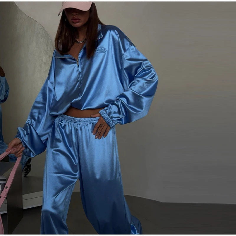 2026 Spring Satin Embroidered Zip-Up Jacket Wide Leg Pants Set Oversized Slouchy Women 2 Pcs Outfit Cool Lady Co-ord Streetwear
