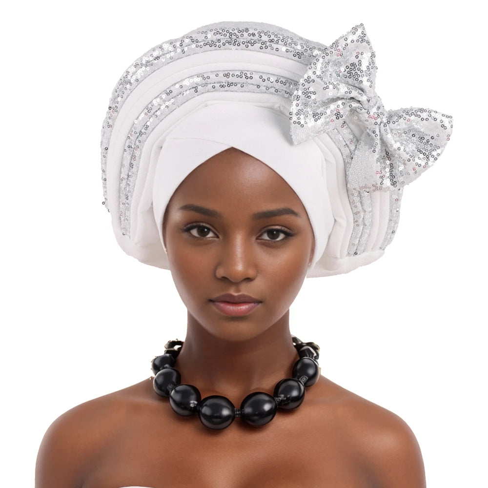 Sweet Bowknot Auto Gele Headtie for Women African Head Wraps Lady Party Headpiece Female Sequins Turban Cap