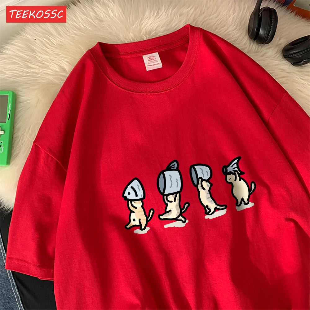 Four Little Cats Holding Fishcotton Women T-Shirts Cartoons Prints T Shirts Soft O-Neck Loose Short Sleeve Tops Summer Clothes