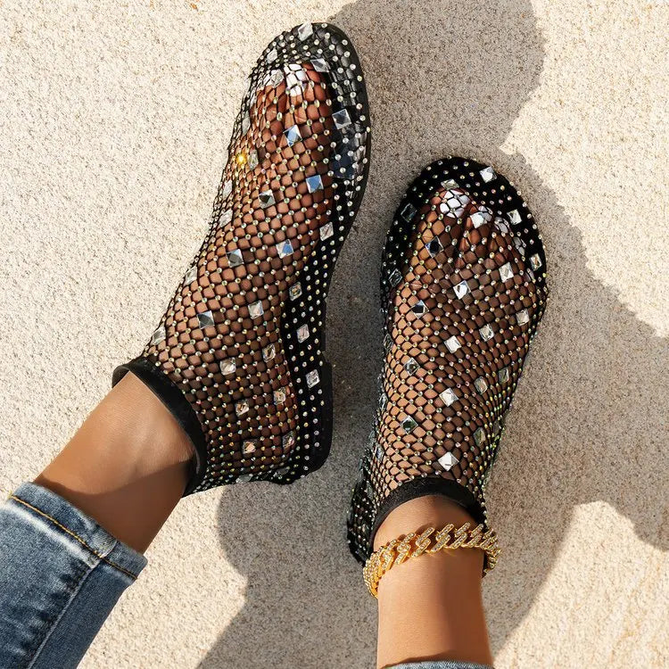 Summer Women's New Round Toe Flat Bottom Sandals Hollow Short Boots Water Diamond Sexy Flat Bottom Fashion Banquet Sandals