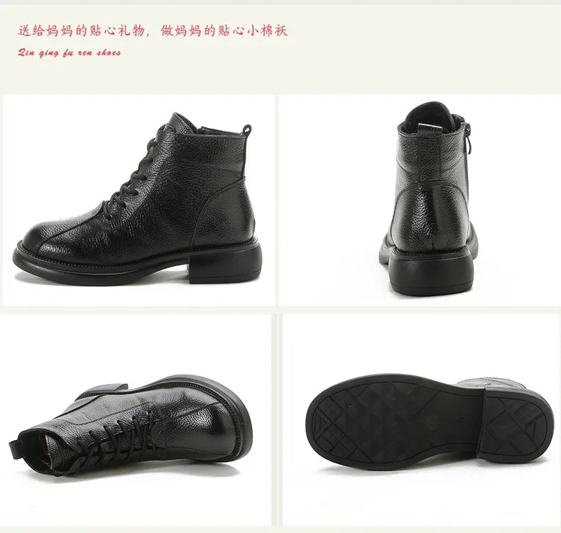 Xiuteng Autumn New Cowhide Mid-Heel Soft-Soled Women's Short Boots Retro Casual Leather  Boots Warm Women's Cotton Shoes
