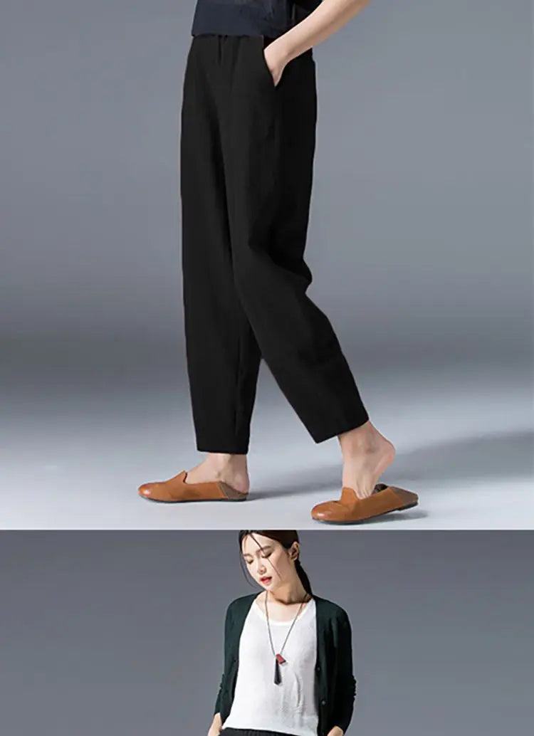 Cotton Wide Leg Pants Female Loose Oversized Solid Color Harem Summer Casual Elastic Waist Ankle-length Pants Women Clothing