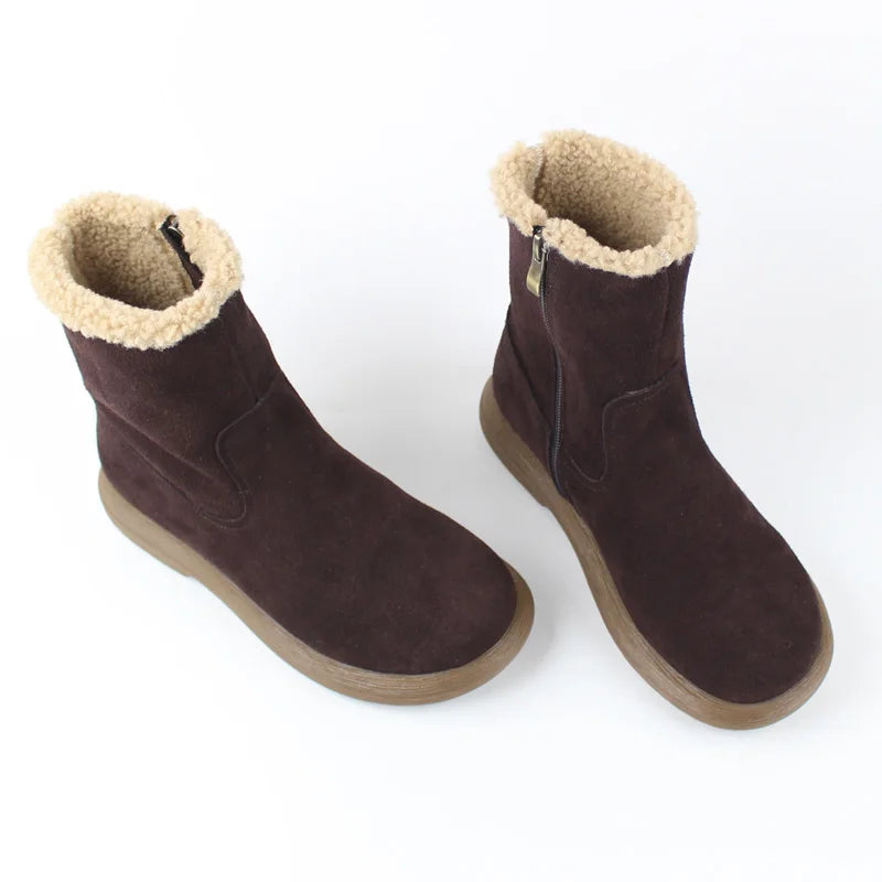 Careaymade-Genuine cow leather Snow cotton round head flats woolen short boots plush warm snow boots Oversized shoes size 35-43
