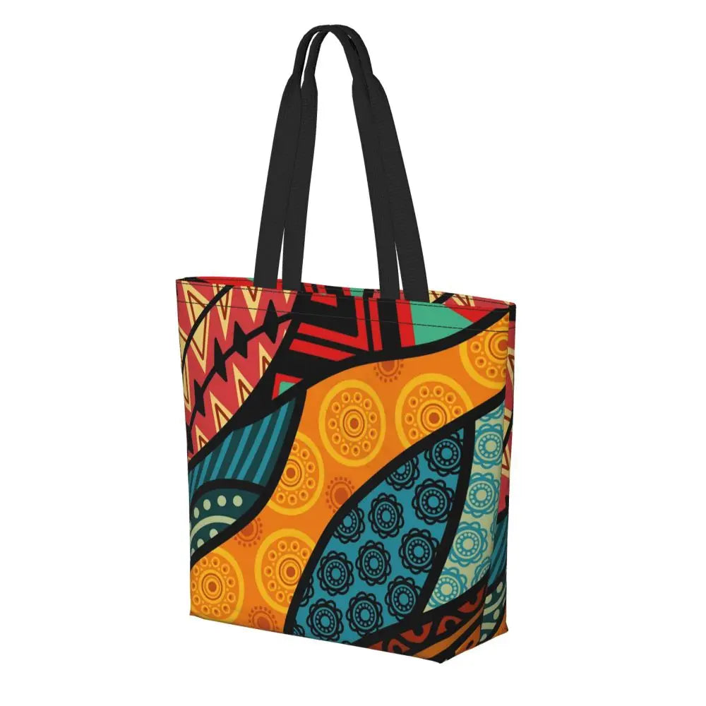 African Ankara Prints Grocery Shopping Tote Bags Women Geometric Ethnic Art Canvas Shoulder Shopper Bags Big Capacity Handbag
