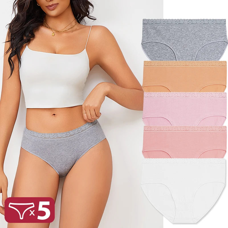 FINETOO 5PCS/Set Women Cotton Panties Sexy Low Waist Briefs Lace Cotton Female Comfortable Underwear Solid Color Soft Lingerie