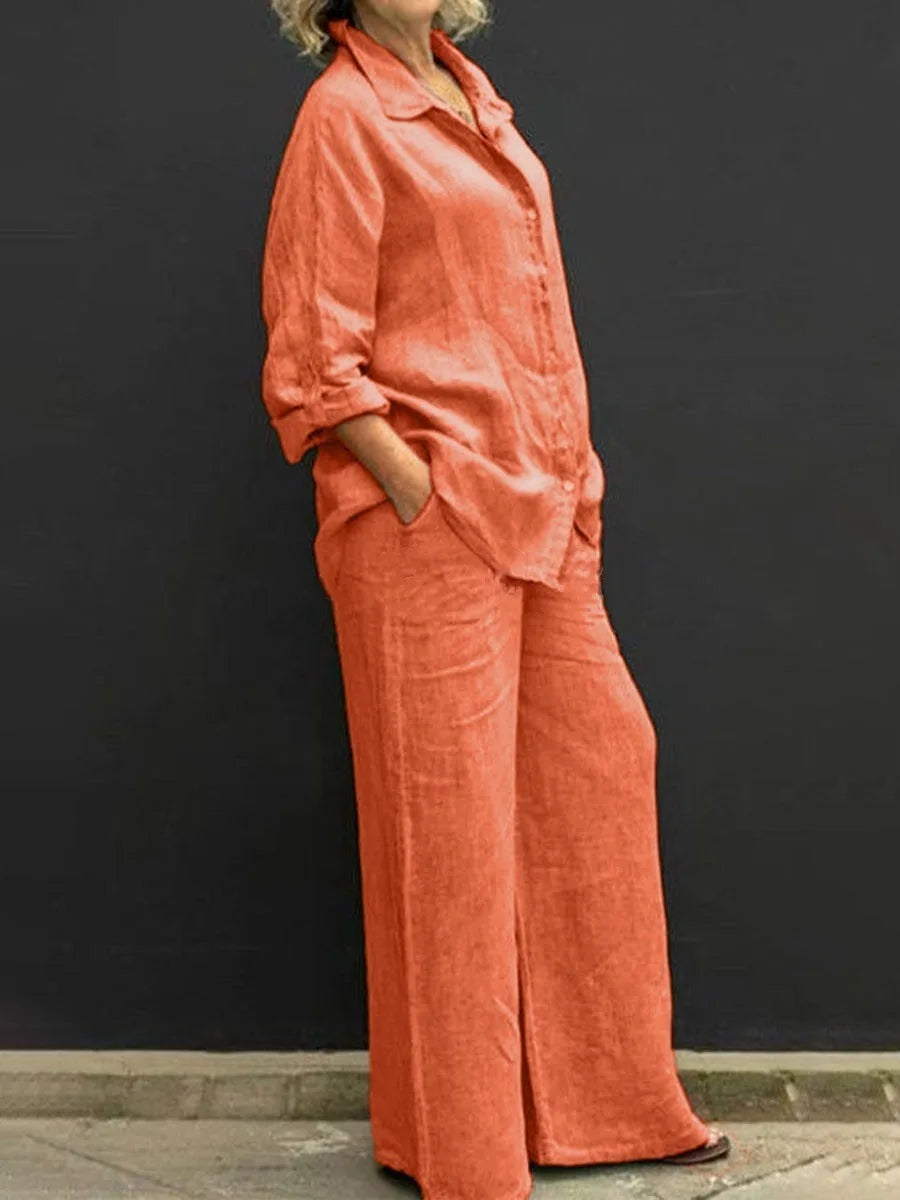 Spring Summer Women Lapel Long Sleeve Shirt High Waist Wide Leg Pants Set