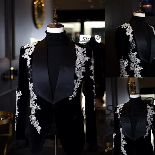 Luxuly Shiny embroidery Wedding Suits For Men Slim Fit Shawl Lapel Groom Tuxedos 2 Pieces Sets High-end Male Blazers Ropa Hombre