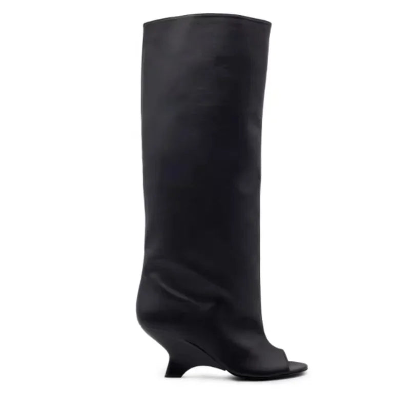 2025 European AndAmerican Nichedesign Versatileopen Toe Long Tube Cool Boots for Women, Crocodile Patterned Irregular High Heels