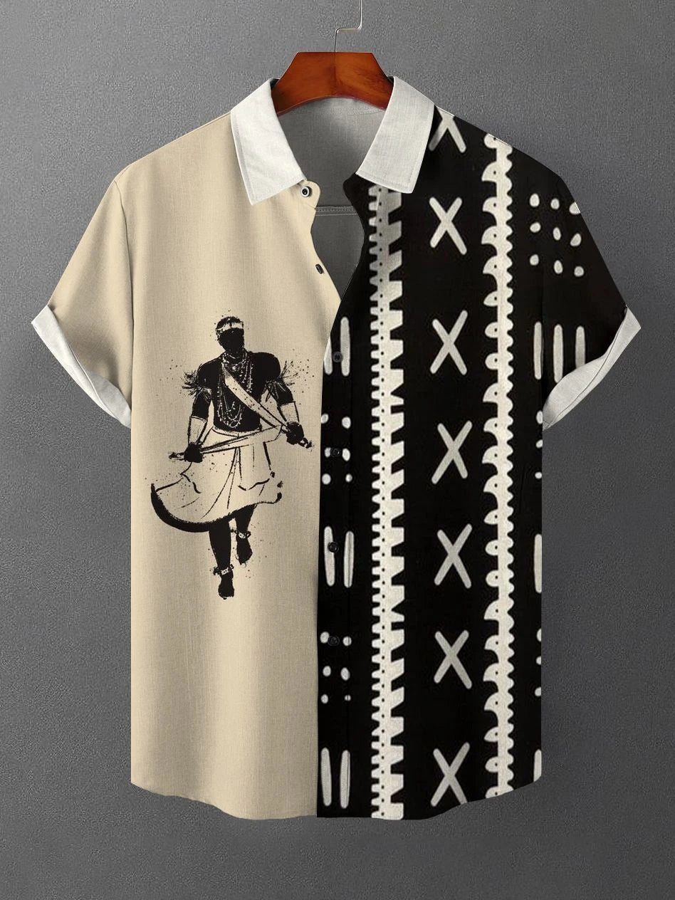 African Style Men's Retro Ethnic Tribal Short Sleeve Shirt Tops Fashion Casual Stripes Pattern Vacation Streetwear Men's Shirt