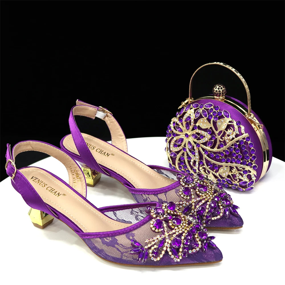African Fachion Evening Shoes And Matching Bags Italian Design Ladies Diamond Bag High-Heeled Pointed Toe Women's Shoes