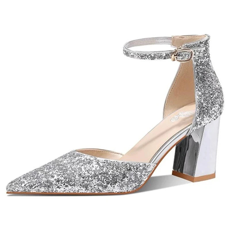 Luxury Gold Silver Sequins High Heels Pumps Women 2025 Pointed Toe Ankle Straps Wedding Shoes Woman Thick Heeled Party Shoes