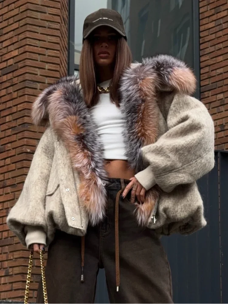 Chic Faux Fur Collar Patchwork Woolen Coat Women Casual Lapel Full Sleeve Zipper Loose Warm Coats Lady Commute Office Outerwears