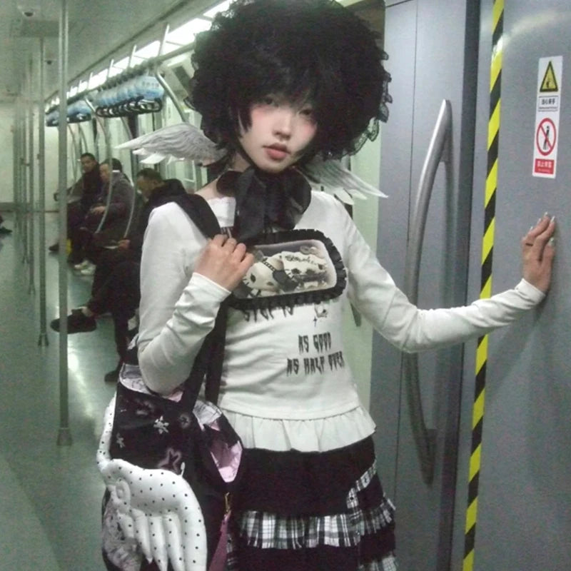 Karrram Japanese Y2k Anime Print T-shirt Trashy 2000s Style Long Sleeve T Shirt Vintage Harajuku Lace Patchwork Tops Grunge 90s
