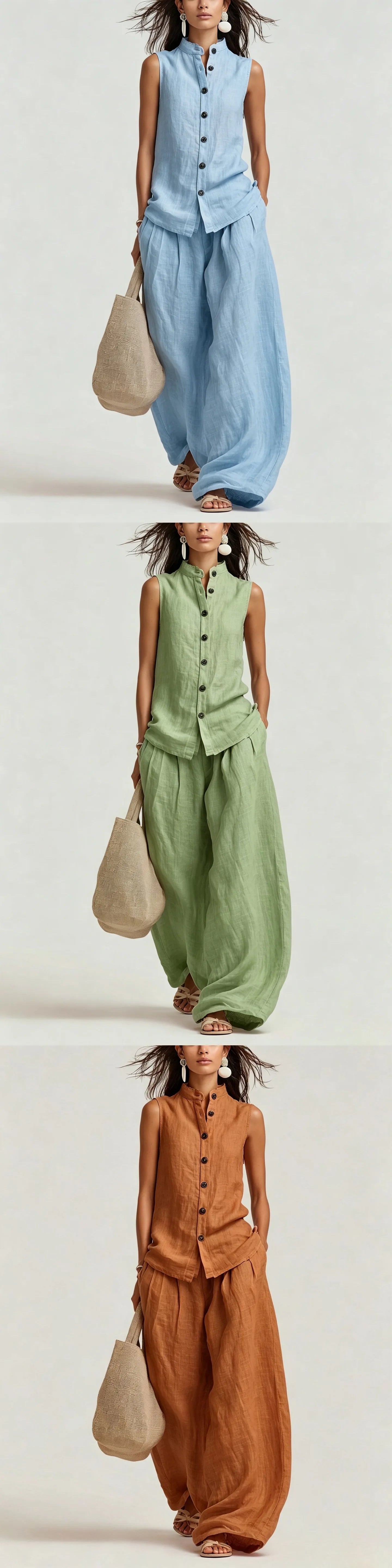 Women's Cotton Linen Vest Top and Long Pants Matching Set Casual Jumpsuit Playsuit