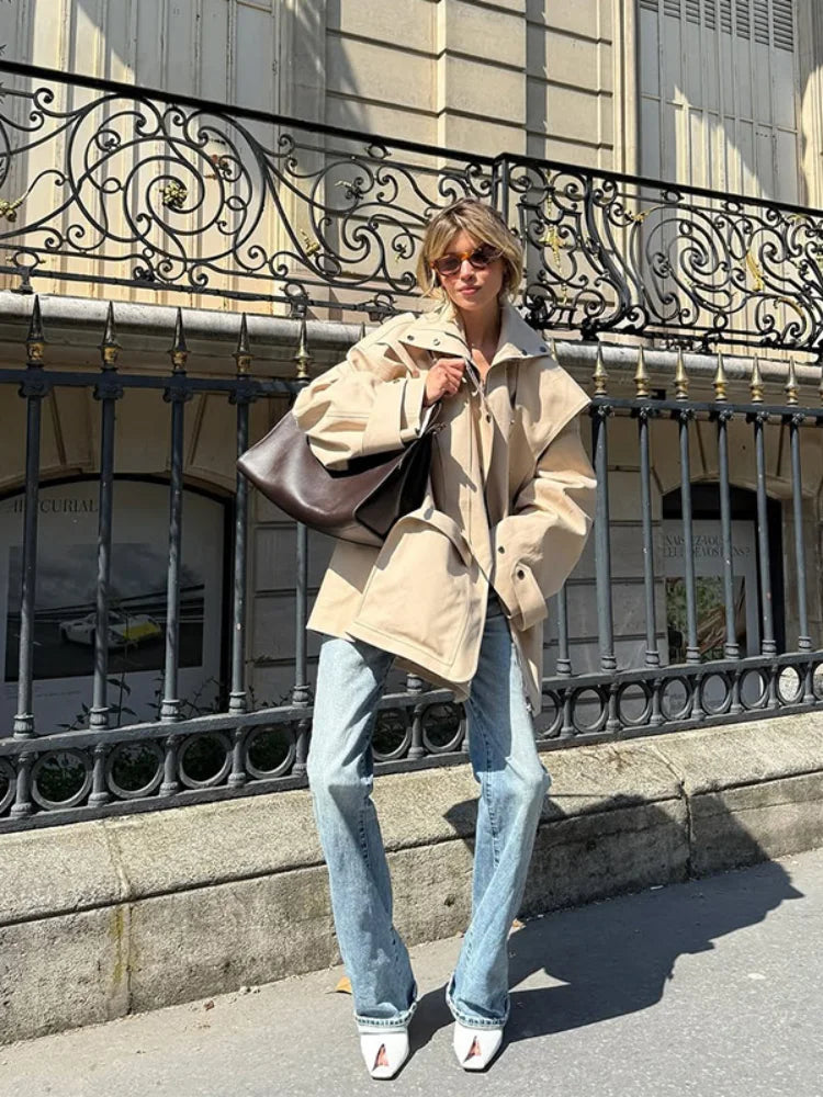 Solid Oversized Tie-waist Cropped Trench Coat Women Drop Shoulder Outerwear 2026 Lady Spring Modern Edgy Fashion Streetwear Coat