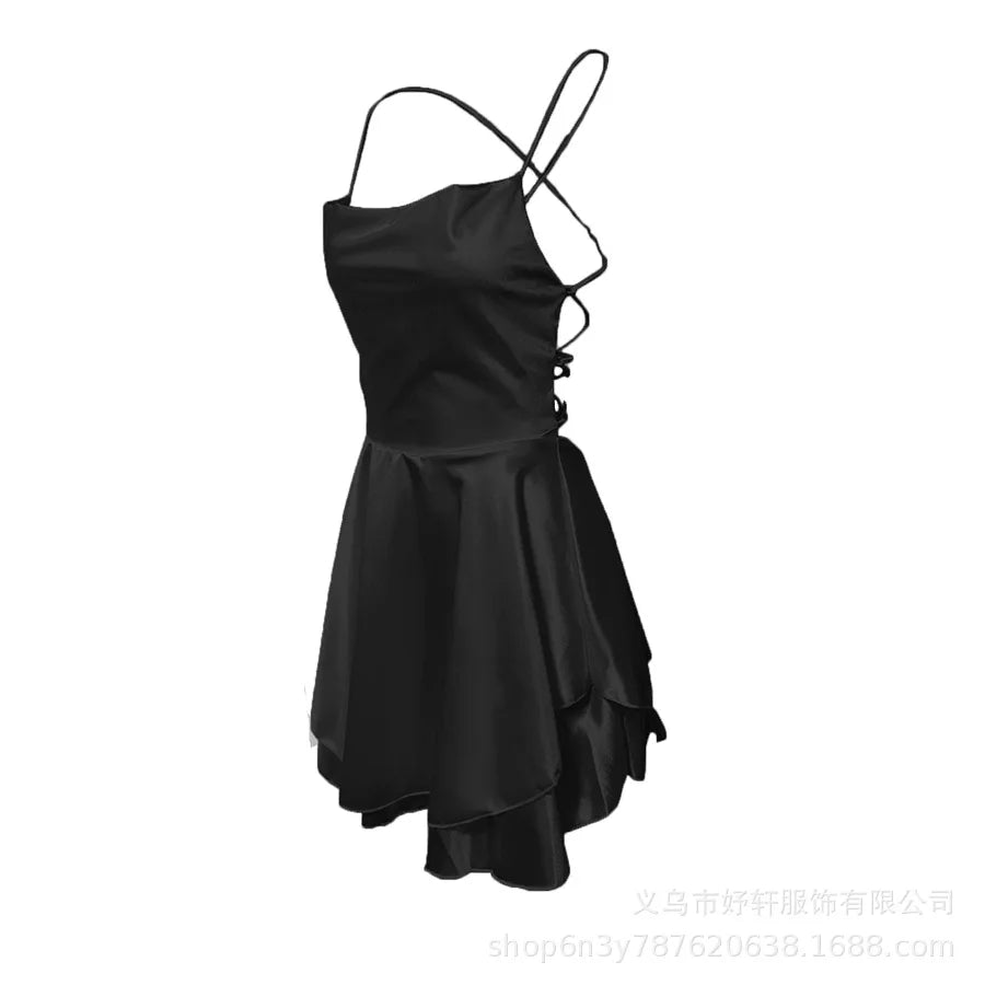 Sexy Dress Mini vestidos Elegant Bodycon Spaghetti Strap solid Color Leace-up Fashion Simple Style Banquet Backless Ruffles Slim