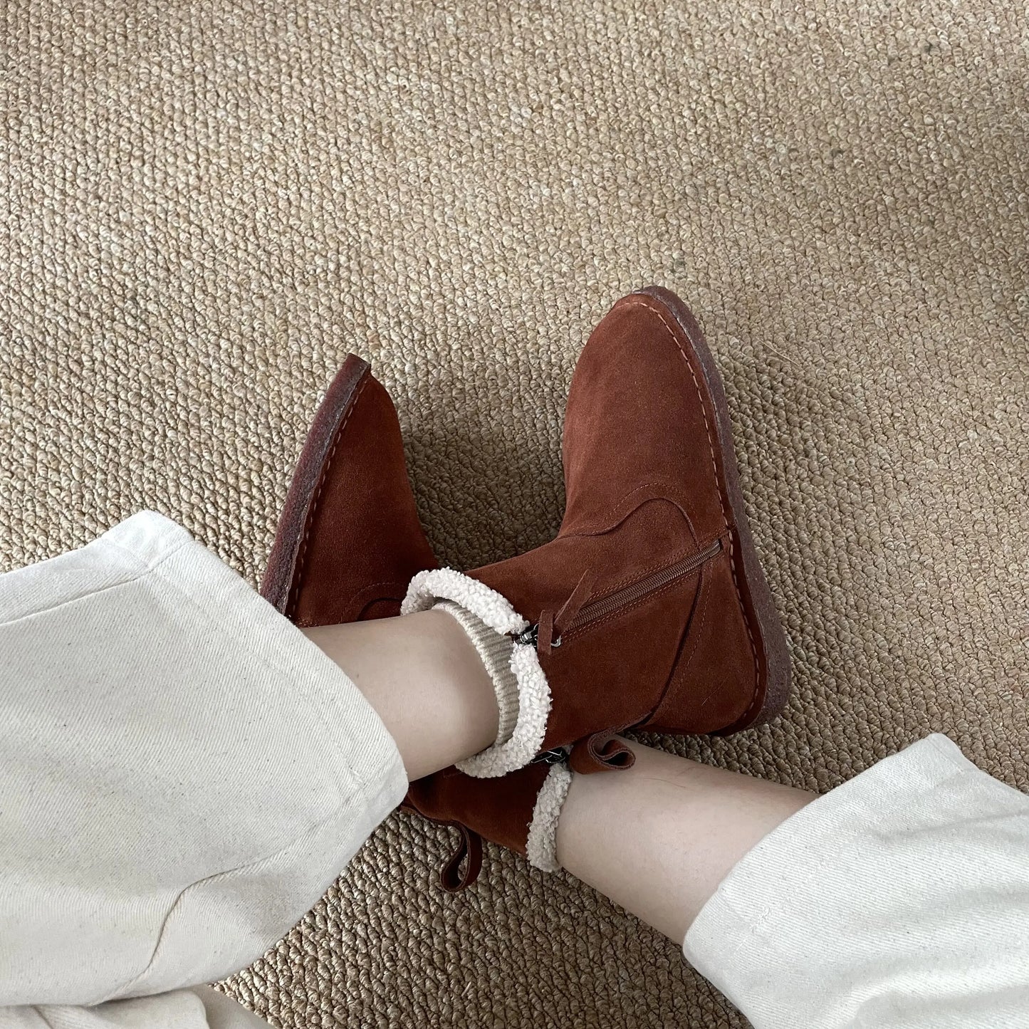 Careaymade-Genuine cow leather Snow cotton round head flats woolen short boots plush warm snow boots Oversized shoes size 35-43