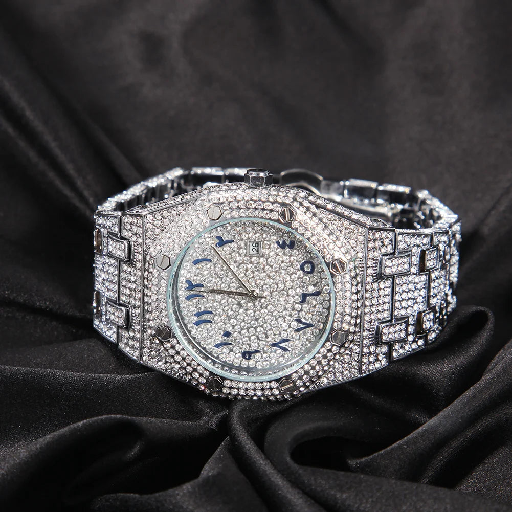 UWIN Hip Hop Stainless Steel Wristwatches for Men Full Iced Out Stones Fashion Luxury Zircon Quartz Square Watches for Gift