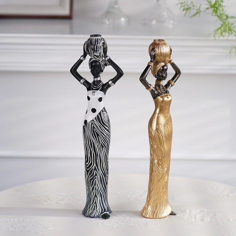 African Woman Statues Resin Tribal Lady Figurines Black Gold Home Decor Ethnic Ornaments for Living Room