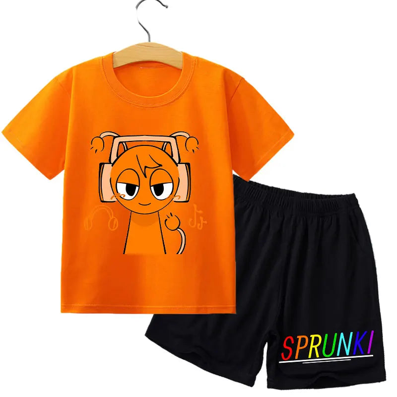 Kids 2 Piece Outfit Sprunki Red Face Character T-Shirt + Shorts Set Boys Girls 100% Cotton Casual Summer Pajamas Set