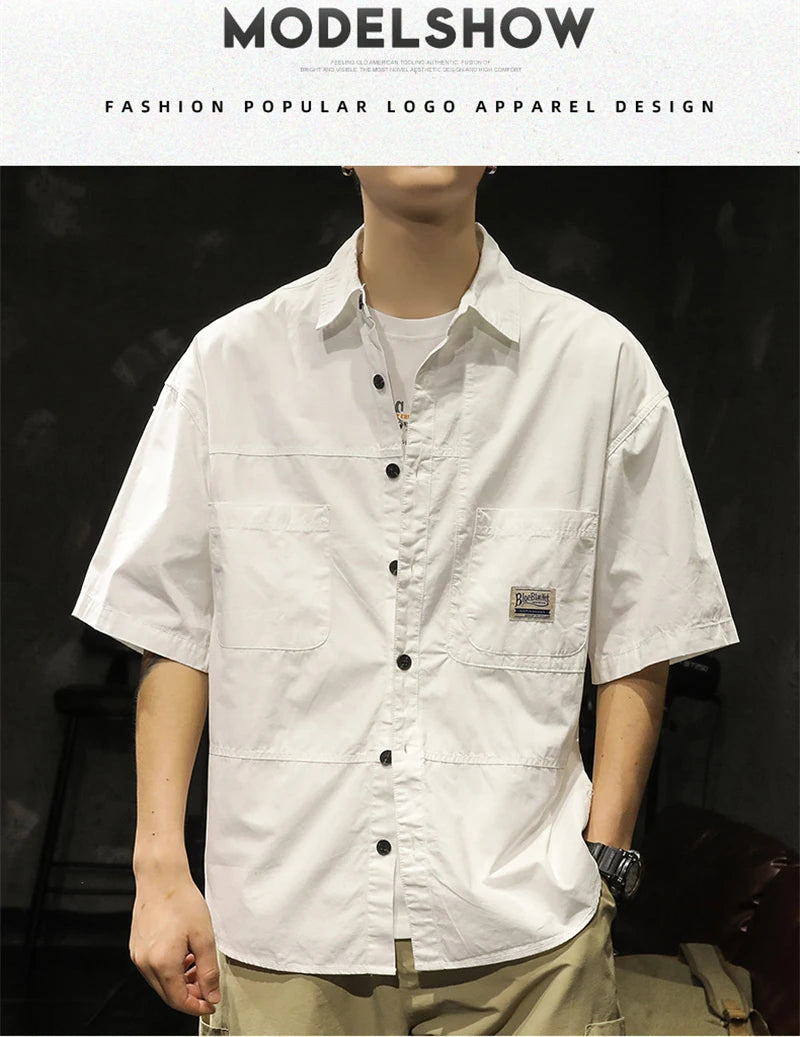 American Casual Short Sleeve Shirt For Men Summer Fashion Comfortable T-shirt 2026 New High Street Plain Lapel blouses hombre