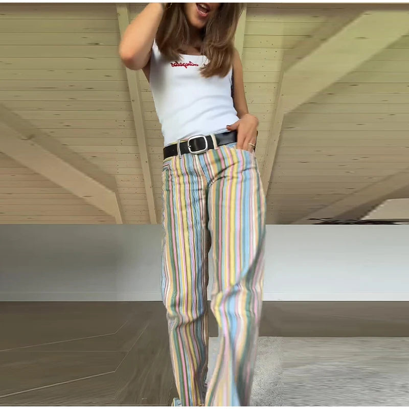 Street Striped Jeans Women's High-Waist Pockets Wide-Leg Trouser 2026 Spring Summer Retro Multicolor Vertical Stripe Denim Pant
