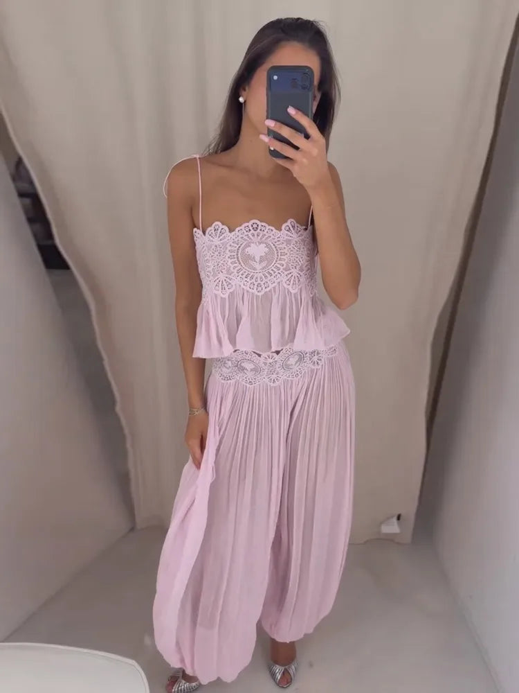 See Through Lace Vest Pant Set Women Beach Sling  Tops Pleated Straight Pants 2026 Summer Vacation Hollow Out Lady Suits