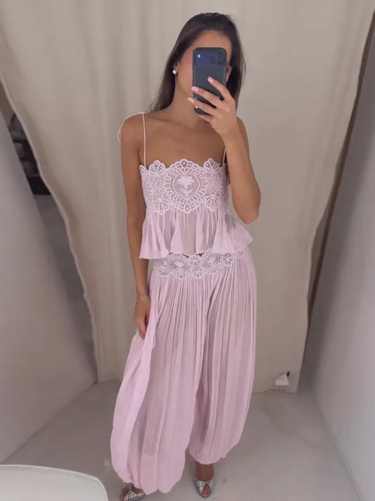 See Through Lace Vest Pant Set Women Beach Sling  Tops Pleated Straight Pants 2026 Summer Vacation Hollow Out Lady Suits