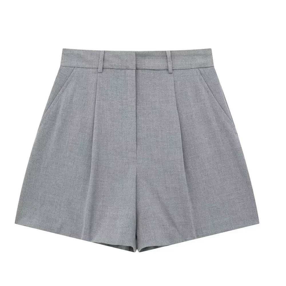 Willshela Women Fashion 2 Piece Set Grey Single Breasted V-Neck Vest & Vintage High Waist Shorts Female Chic Lady Shorts Set