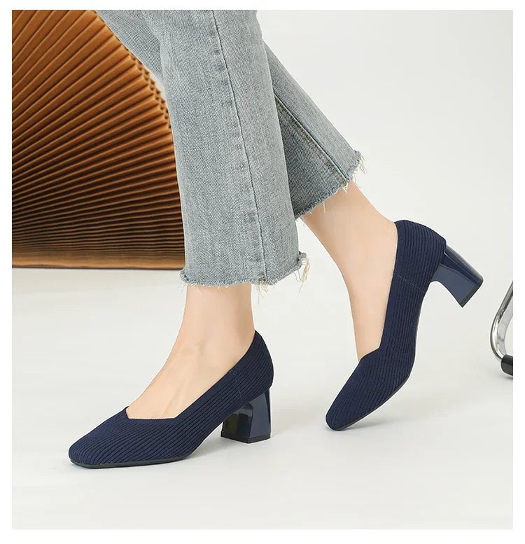 Shoes Woman High Heels Comfortable Square Knitted Breathable Comfortable Women's Flats Shoes (5cm High) 2025 New Collection