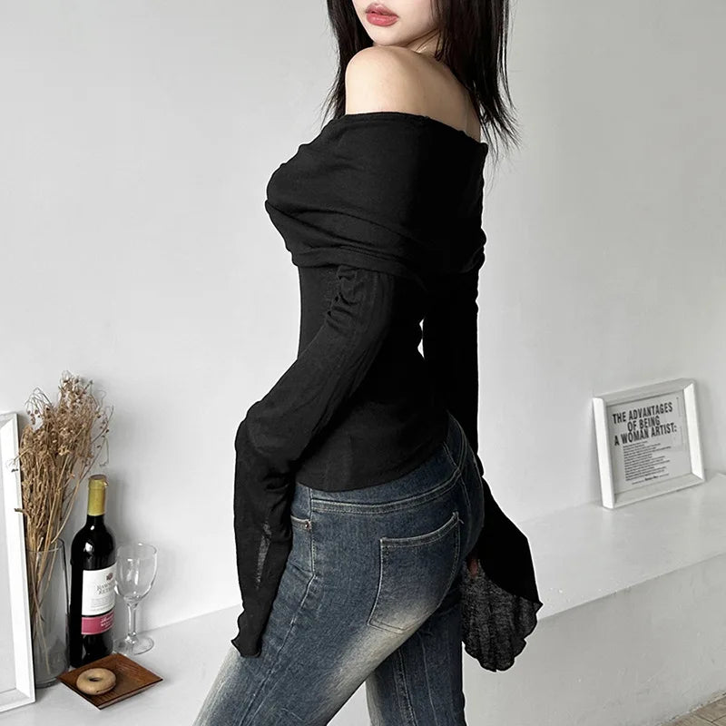 Y2k Aesthetic Women Translucence Tee Shirts Slash Neck Long Sleeve Solid Casual T-Shirts Vintage Off Shoulder Sexy Cute Tshirts