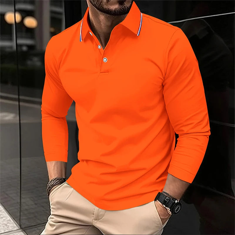 2025 Men's Summer Long Sleeve Lapel Polo Casual Breathable Comfortable Polo Shirt Solid High Quality Male T-Shirt Dropshipping