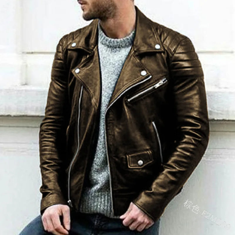 Men PU Leather Coat Teen Stand Collar Punk Male Motorcycle Leather Jackets Faux Leather Zipper  Handsome Coats Jackets