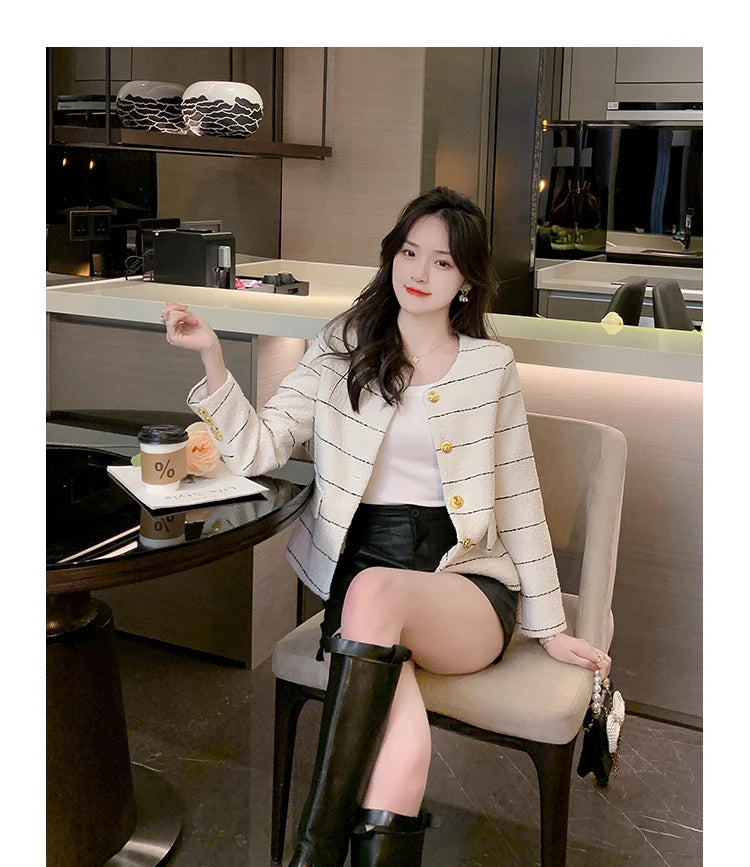 Korean Fashion Casual Small Fragrance Tweed Jacket Coat Women Fall Winter Fried Street Striped Coat Casaco Woolen Outwear Top