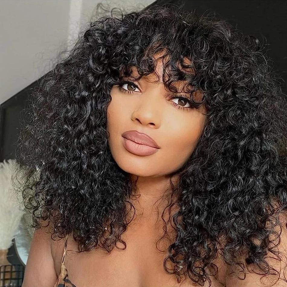 Short Curly Bob Human Hair Wig With Bangs Deep Curly No Lace 250 Density Brazilian Virgin Remy Fringe Human Hair Wigs Easy To Go